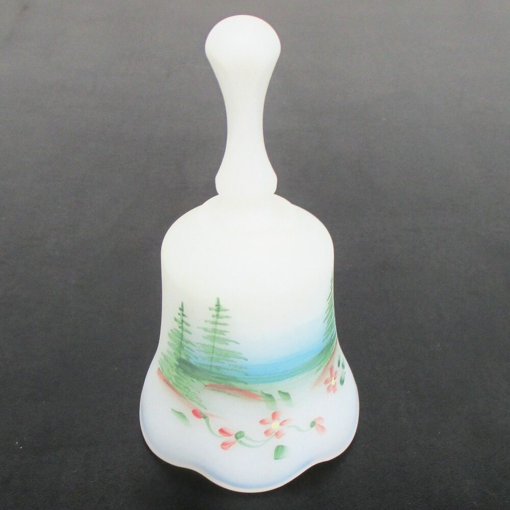 FENTON Custard Glass Hand-Painted BELL Landscape Signed M. Young Trees Flowers
